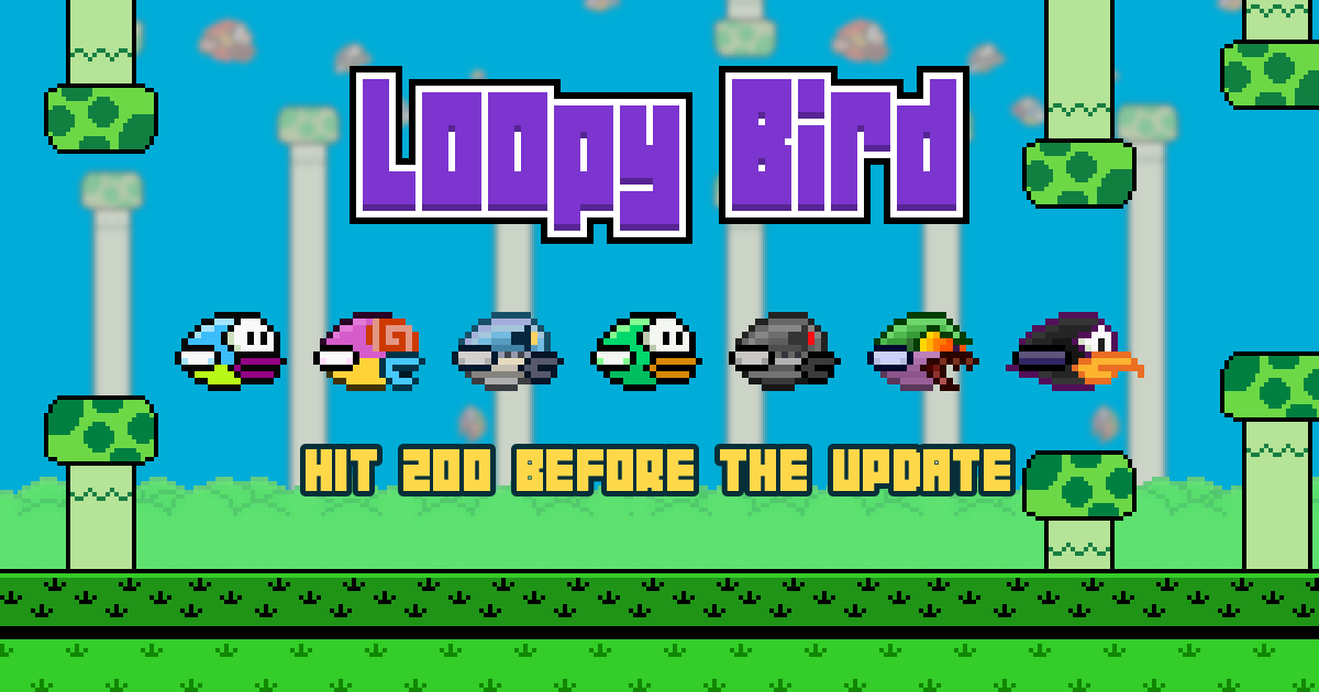 Loopy Bird banner with logo, birds and pipes